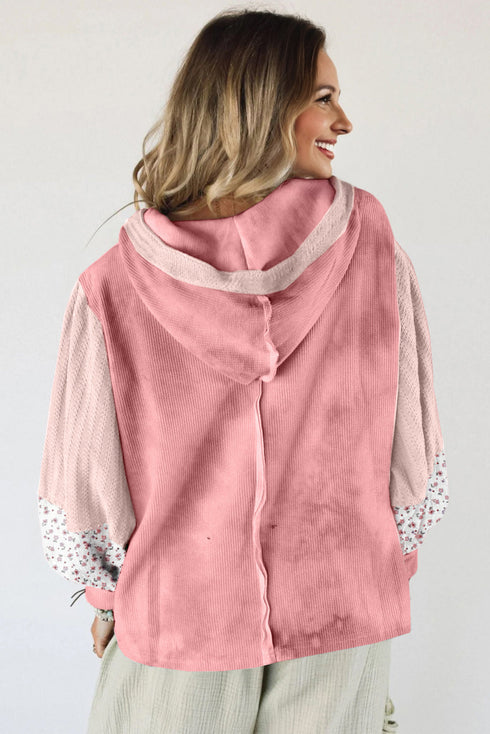 Floral Applique Patchwork V Neck Waffle Knit Drop Shoulder Long Sleeve Top